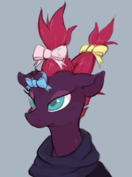Size: 1535x2048 | Tagged: safe, artist:noupu, derpibooru import, fizzlepop berrytwist, tempest shadow, pony, unicorn, alternate hairstyle, blushing, bow, broken horn, bust, clothes, cute, eye scar, facial scar, female, gray background, hair bow, horn, implied pinkie pie, mare, portrait, pretty pretty tempest, scar, simple background, solo, tempest shadow is not amused, tempestbetes, three quarter view, unamused