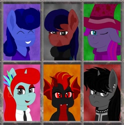 Size: 1381x1392 | Tagged: safe, artist:zethbsoul, derpibooru import, oc, oc:"heavy", oc:blueberry violet, oc:cranberry violet, oc:hope fire, oc:yvonne redfeather, alicorn, dragon, earth pony, pegasus, clothes, collage