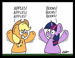 Size: 1024x796 | Tagged: safe, artist:bobthedalek, derpibooru import, applejack, twilight sparkle, earth pony, pony, unicorn, apple, atg 2020, book, flanderization, hand puppet, implied rarity, newbie artist training grounds, offscreen character, puppet, redraw, that pony sure does love apples, that pony sure does love books