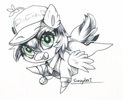 Size: 1280x1046 | Tagged: safe, artist:swaybat, derpibooru import, oc, oc only, pegasus, pony, chibi, female, hat, mare, sketch, solo