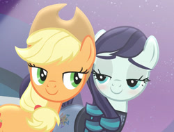 Size: 1155x877 | Tagged: safe, derpibooru import, edit, edited screencap, screencap, applejack, coloratura, earth pony, pony, the mane attraction, blushing, cropped, implied rarajack, looking at each other, rara