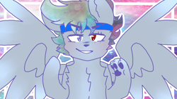 Size: 2560x1440 | Tagged: safe, artist:shinningblossom12, derpibooru import, oc, oc only, oc:shinning blossom, hybrid, pony, wolf, wolf pony, abstract background, bust, chest fluff, fusion, headband, heterochromia, male, paws, spread wings, underpaw, wings