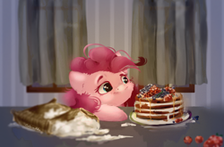 Size: 6800x4500 | Tagged: safe, artist:colorbrush, derpibooru import, pinkie pie, earth pony, pony, absurd file size, absurd resolution, bust, cheek fluff, cute, diapinkes, ear fluff, eyes on the prize, female, food, heart eyes, leg fluff, looking at something, mare, pancakes, portrait, solo, wingding eyes
