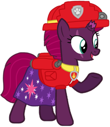 Size: 897x1040 | Tagged: safe, artist:徐詩珮, derpibooru import, fizzlepop berrytwist, tempest shadow, pony, unicorn, series:sprglitemplight diary, series:sprglitemplight life jacket days, series:springshadowdrops diary, series:springshadowdrops life jacket days, alternate universe, base used, clothes, cute, marshall (paw patrol), paw patrol, simple background, transparent background