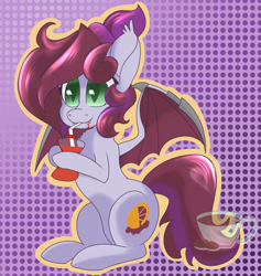 Size: 1800x1900 | Tagged: safe, artist:anxioussartist, derpibooru import, oc, oc only, oc:jade jump, bat pony, bat pony oc, bat wings, blood drinking, blood pack, cute smile, simple background, watermark, wingblade, wings