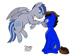 Size: 4000x3000 | Tagged: safe, artist:soupyfox, derpibooru import, oc, oc only, oc:aspen volare, oc:ennex, earth pony, pegasus, boop, flying, glasses, male, simple background, sitting, transparent background