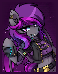 Size: 2172x2800 | Tagged: safe, artist:ciderpunk, derpibooru import, oc, oc only, oc:platinum wing, bat pony, semi-anthro, clothes, cyberpunk, ear piercing, earring, jewelry, piercing, solo