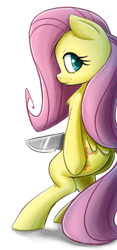 Size: 923x1975 | Tagged: safe, artist:ikarooz, derpibooru import, fluttershy, pegasus, pony, atg 2020, bipedal, chest fluff, female, knife, looking at you, looking back, looking back at you, mare, newbie artist training grounds, profile, simple background, smiling, solo, white background