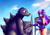 Size: 4088x2894 | Tagged: safe, artist:smolsoviet, derpibooru import, twilight sparkle, human, kaiju, building, clothes, cloud, costume, female, fighter plane, godzilla, godzilla (series), handshake, humanized, macro, magic gaia