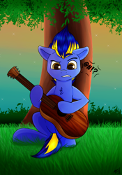 Size: 1540x2200 | Tagged: safe, artist:monsoonvisionz, derpibooru import, oc, oc only, pegasus, buck, grawlixes, guitar, male, musical instrument, solo, stallion, tree