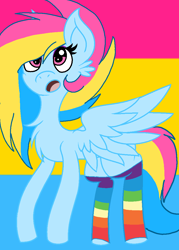 Size: 784x1096 | Tagged: safe, artist:circuspaparazzi5678, derpibooru import, oc, oc:pansexual, pegasus, pony, base used, clothes, cute, pansexual, pansexual pride flag, pride, pride flag, rainbow socks, socks, solo, striped socks, surprise face