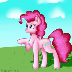 Size: 3000x3000 | Tagged: safe, artist:brilliant-luna, derpibooru import, pinkie pie, earth pony, pony, chest fluff, ear fluff, female, raised hoof, smiling, solo