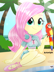Size: 1536x2048 | Tagged: safe, artist:artmlpk, derpibooru import, fluttershy, bird, parrot, equestria girls, adorable face, adorkable, beach, beautiful, clothes, cute, design, digital art, dork, female, looking at you, outfit, palm tree, sandals, shyabetes, smiling, smiling at you, solo, swimming pool, swimsuit, tree