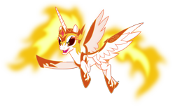 Size: 6686x4208 | Tagged: safe, artist:anime-equestria, derpibooru import, daybreaker, alicorn, armor, evil grin, fangs, female, fire, flying, gem, grin, helmet, hoof shoes, horn, mane of fire, simple background, smiling, solo, transparent background, vector, wings
