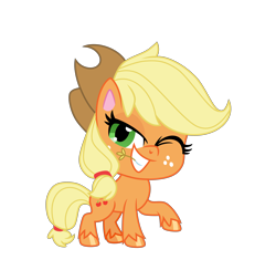 Size: 6200x6048 | Tagged: safe, artist:emeraldblast63, derpibooru import, applejack, earth pony, pony, g4, my little pony: pony life, chibi, cowboy hat, cute, cute smile, g4 to g4.5, hat, one eye closed, raised hoof, simple background, straw in mouth, transparent background, vector, wink, winking at you, winking out