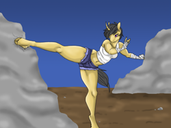 Size: 1893x1422 | Tagged: safe, artist:empressspacegoat, derpibooru import, oc, oc only, oc:camshaft, anthro, unguligrade anthro, unicorn, clothes, cloven hooves, curved horn, female, horn, kicking, rock, shorts, solo