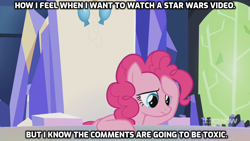 Size: 1280x720 | Tagged: safe, derpibooru import, edit, edited screencap, screencap, pinkie pie, earth pony, pony, memories and more, spoiler:memories and more, spoiler:mlp friendship is forever, 9now, caption, female, friendship throne, image macro, mare, meme, star wars, text