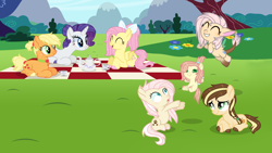 Size: 4808x2720 | Tagged: safe, artist:pancakeartyt, derpibooru import, applejack, fluttershy, rarity, oc, oc:apple sugar, oc:damian, oc:little paw, oc:melting butterfly, earth pony, hybrid, pegasus, pony, unicorn, baby, baby pony, female, offspring, parent:applejack, parent:bulk biceps, parent:caramel, parent:fluttershy, parents:carajack, parents:flutterbulk, picnic blanket, prone