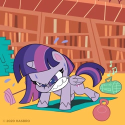 Size: 1080x1080 | Tagged: safe, derpibooru import, part of a set, twilight sparkle, twilight sparkle (alicorn), alicorn, pony, my little pony: pony life, angry, barbell, book, bookshelf, exercise, female, folded wings, gritted teeth, kettlebell, mare, official, push-ups, radio, solo, sweat, weight, wings, workout