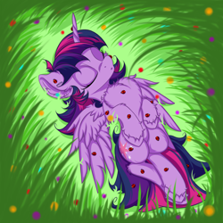 Size: 2500x2500 | Tagged: safe, artist:rurihal, derpibooru import, twilight sparkle, twilight sparkle (alicorn), alicorn, insect, ladybug, pony, chest fluff, cute, ear fluff, eyes closed, flower, fluffy, grass, high res, hoof fluff, nap, on back, sleeping, solo, this will end in tears, this will not end well, twiabetes, twilight hates ladybugs, unshorn fetlocks