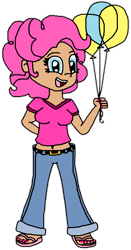 Size: 488x934 | Tagged: safe, artist:logan jones, derpibooru import, pinkie pie, human, balloon, belly button, breasts, clothes, feet, female, flip-flops, humanized, jeans, midriff, nail polish, pants, simple background, transparent background