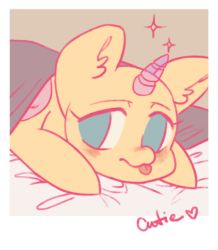 Size: 900x1034 | Tagged: safe, artist:klooda, derpibooru import, pony, :p, advertisement, animated, bed, blinking, bust, cute, cutie, female, lying down, lying on bed, mare, pastel, polaroid, portrait, prone, solo, sparkles, tongue out, ych example, your character here