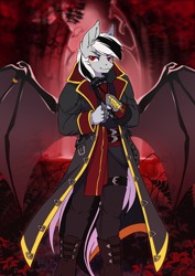 Size: 2480x3508 | Tagged: safe, artist:arctic-fox, derpibooru import, oc, oc only, oc:stormdancer, anthro, bat pony, vampire, vampony, anthro oc, assassin's creed, badass, bat pony oc, bat wings, black, blood moon, clothes, full moon, goth, gothic, high res, jewelry, male, metal claws, moon, red eyes, solo, stallion, wing ring, wings