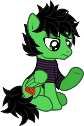 Size: 836x1255 | Tagged: safe, artist:lightningbolt, derpibooru exclusive, derpibooru import, pegasus, pony, .svg available, annoyed, billie joe armstrong, clothes, eyeliner, folded wings, green day, looking down, makeup, male, nose piercing, piercing, ponified, raised hoof, shirt, simple background, sitting, solo, stallion, striped shirt, svg, t-shirt, transparent background, underhoof, vector, wings