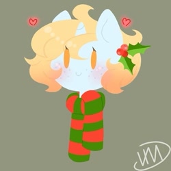 Size: 525x525 | Tagged: safe, artist:irinamar, derpibooru import, oc, oc only, pony, unicorn, bust, clothes, gray background, heart, holly, horn, scarf, signature, simple background, smiling, solo, unicorn oc