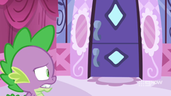 Size: 1600x900 | Tagged: safe, derpibooru import, screencap, spike, dragon, a-dressing memories, spoiler:a-dressing memories, spoiler:mlp friendship is forever, 9now, boutique, curtains, door, scared, solo, worried