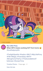 Size: 720x1175 | Tagged: safe, derpibooru import, part of a set, twilight sparkle, twilight sparkle (alicorn), alicorn, pony, my little pony: pony life, barbell, book, duckery in the comments, exercise, facebook, female, kettlebell, mare, official, push-ups, radio, solo, sweat, weight, workout