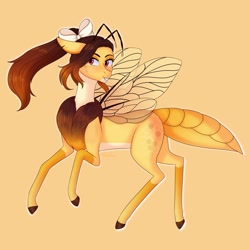 Size: 1280x1280 | Tagged: safe, artist:moonwolf96, derpibooru import, oc, oc:kloh, bee pony, original species, female, simple background, solo, yellow background