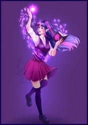 Size: 1280x1823 | Tagged: safe, artist:second-can, derpibooru import, twilight sparkle, human, book, clothes, elf ears, female, horn, horned humanization, humanized, magic, shirt, skirt, solo, sweater