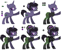 Size: 6504x5296 | Tagged: safe, artist:aestheticallylithi, derpibooru import, oc, oc only, oc:shadow stalk, pony, unicorn, backpack, bandana, baseball cap, belt, boots, camouflage, cap, clothes, combat boots, ear piercing, earpiece, earring, eye scar, female, fingerless gloves, gloves, harness, hat, jewelry, knife, mare, pants, piercing, raised hoof, reference sheet, scar, shoes, simple background, skull, solo, sunglasses, tack, tanktop, tattoo, torn clothes, transparent background, watch