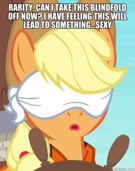 Size: 600x758 | Tagged: safe, derpibooru import, edit, edited screencap, screencap, applejack, earth pony, pony, ppov, blindfold, caption, cropped, image macro, implied lesbian, implied rarijack, implied rarity, implied shipping, lifejacket, solo, text