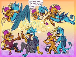 Size: 1080x810 | Tagged: safe, artist:g-elric, derpibooru import, gallus, smolder, dragon, griffon, alcohol, beer, beer bottle, bottle, clothes, cuddling, dancing, don't you forget about me, female, kissing, male, pants, radio, shipping, shirt, simple minds, smollus, straight, the breakfast club