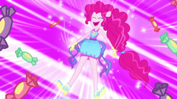 Size: 1920x1080 | Tagged: safe, derpibooru import, screencap, pinkie pie, better together, cheer you on, equestria girls, candy, female, food, ponied up, sleeveless, solo, super ponied up