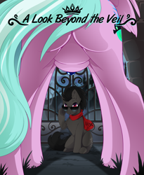 Size: 3057x3736 | Tagged: safe, artist:arctic-fox, derpibooru import, oc, oc only, oc:axl, oc:sapphire night, alicorn, earth pony, pony, alicorn oc, butt, castle, clothes, commission, female, for your eyes only, framed by legs, gate, horn, jewelry, male, mare, movie poster, necklace, plot, scarf, spooky, stallion, sunglasses, wings