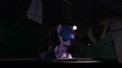 Size: 1192x670 | Tagged: safe, derpibooru import, twilight sparkle, twilight sparkle (alicorn), alicorn, 3d, book, bookshelf, castle of the royal pony sisters, female, horn light, night, shadow, solo, source filmmaker, that pony sure does love books