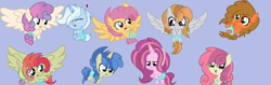 Size: 3043x963 | Tagged: safe, artist:circuspaparazzi5678, derpibooru import, oc, earth pony, pegasus, pony, unicorn, adoptable, baby, baby adoptables, baby pony, base used, blue background, cute, magical gay spawn, magical lesbian spawn, next generation, offspring, open adopt, parent:apple bloom, parent:big macintosh, parent:cheese sandwich, parent:derpy hooves, parent:double diamond, parent:flash sentry, parent:fluttershy, parent:li'l cheese, parent:oc:dusky blitz, parent:party favor, parent:princess flurry heart, parent:rainbow blitz, parent:rainbow dash, parent:scootaloo, parent:sunset shimmer, parent:sweetie belle, parent:trixie, parents:canon x oc, parents:doubletrix, parents:li'l heart, parents:mac n cheese, parents:partysentry, parents:scootashy, parents:sunsetblitz, parents:sweetiebloom, simple background