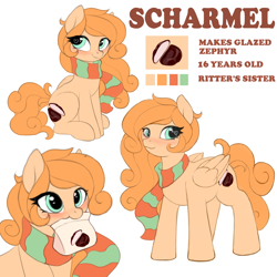 Size: 3600x3600 | Tagged: safe, artist:ritter, derpibooru import, oc, oc only, oc:scharmel, pegasus, pony, clothes, food, heart eyes, looking at you, marshmallow, nom, reference sheet, scarf, sitting, wingding eyes