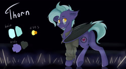 Size: 3328x1827 | Tagged: safe, artist:tavifly, derpibooru import, oc, oc only, oc:teasy thorn, bat pony, pony, bat pony oc, bat wings, butt, cheek fluff, chest fluff, clothes, colored pupils, digital art, ear fluff, facial hair, fangs, floppy ears, folded wings, glasses, goatee, jacket, looking at you, male, plot, reference sheet, signature, solo, underhoof, wings