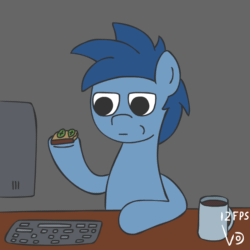 Size: 800x800 | Tagged: safe, artist:vohd, derpibooru import, oc, oc only, earth pony, pony, animated, computer, cup, eating, frame by frame, solo, squigglevision