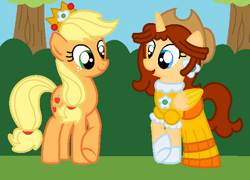 Size: 609x438 | Tagged: safe, artist:nibblesgerbil, artist:user15432, derpibooru import, applejack, alicorn, earth pony, pony, barely pony related, base used, bush, clothes, crossover, crown, dress, ear piercing, earring, gloves, gown, hanging out, jewelry, nintendo, piercing, princess daisy, princess dress, regalia, super mario bros., tree