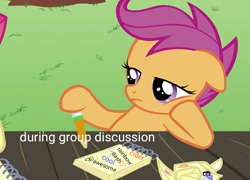 Size: 775x559 | Tagged: safe, derpibooru exclusive, derpibooru import, edit, edited screencap, editor:katy木土, screencap, scootaloo, ponyville confidential, bored, solo