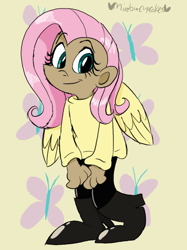 Size: 598x800 | Tagged: safe, artist:mirabuncupcakes15, derpibooru import, fluttershy, human, boots, clothes, dark skin, female, humanized, jeans, pants, shoes, solo, sweater, sweatershy, winged humanization, wings