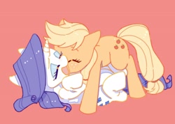 Size: 2048x1455 | Tagged: safe, artist:chapaghettii, derpibooru import, applejack, rarity, earth pony, pony, unicorn, eyes closed, female, kissing, lesbian, lying down, mare, open mouth, pinned, pinned down, rarijack, red background, shipping, simple background, tickling