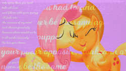 Size: 1280x720 | Tagged: safe, alternate version, artist:cloudyglow, artist:littmosa, derpibooru import, applejack, fluttershy, earth pony, pegasus, pony, duo, eyes closed, female, folded wings, hug, lyrics, purple background, simple background, smiling, song, text, wings