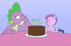 Size: 1206x780 | Tagged: safe, artist:carnifex, derpibooru import, spike, oc, oc:lavender, dracony, dragon, hybrid, pony, :t, birthday cake, blue background, blushing, cake, candle, cute, father and child, father and daughter, female, fire, food, glare, grumpy, interspecies offspring, joke, looking away, male, nose wrinkle, ocbetes, offspring, older, older spike, parent and child, parent:rarity, parent:spike, parents:sparity, pouting, puffy cheeks, scrunchy face, simple background, smiling, trollspike, unamused