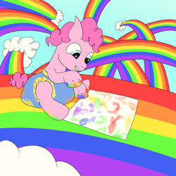 Size: 1280x1280 | Tagged: safe, artist:m3g4p0n1, derpibooru import, pinkie pie, earth pony, pony, diaper, female, filly, filly pinkie pie, foal, grin, hoof painting, painting, poofy diaper, rainbow, smiling, solo, younger